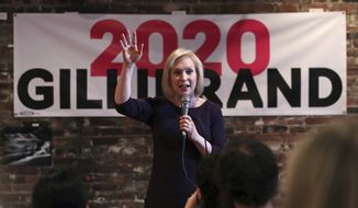 In this April 5, 2019, photo, Democratic presidential candidate Sen. Kirsten Gillibrand, D-N.Y., addresses a gathering during a campaign stop at a coffee house in Dover, N.H. (AP Photo/Charles Krupa)