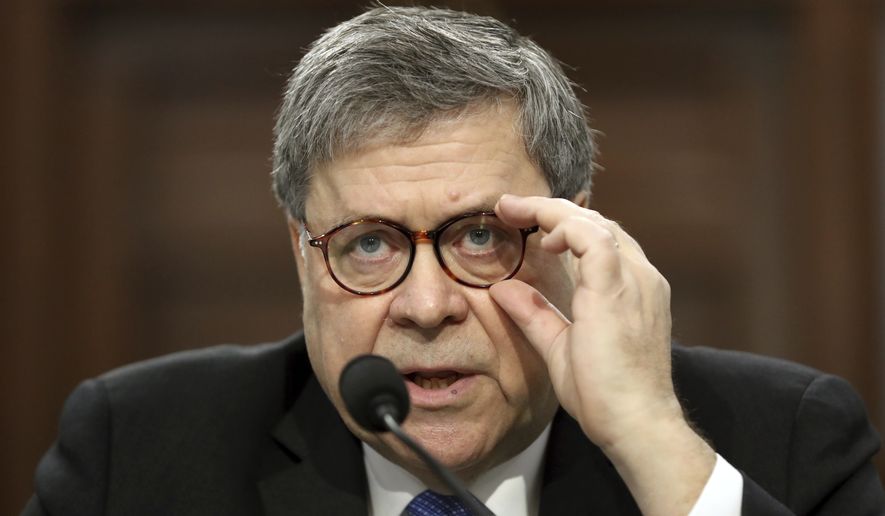 In his first appearance on Capitol Hill since taking office, and amid intense speculation over his review of special counsel Robert Mueller&#39;s Russia report, Attorney General William Barr appears before a House Appropriations subcommittee to make his Justice Department budget request, Tuesday, April 9, 2019, in Washington. (AP Photo/Andrew Harnik)