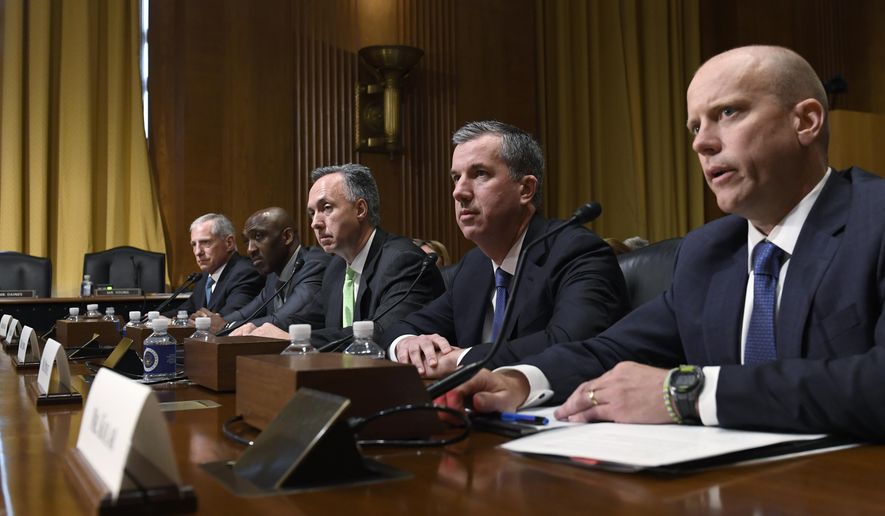 Prime Therapeutics Senior Vice President, General Counsel, and Interim President and Chief Executive Officer Mike Kolar, right, testifies before the Senate Finance Committee on Capitol Hill in Washington, Tuesday, April 9, 2019, during a hearing to explore the high cost of prescription drugs. He is joined at the table by, from left, Cigna Corporation Executive Vice President and Chief Clinical Officer Steve Miller, CVS Caremark President and CVS Health Executive Vice President Derica Rice, Humana Healthcare Services Segment President William Fleming and OptumRx Chief Executive Officer John Prince. (AP Photo/Susan Walsh)