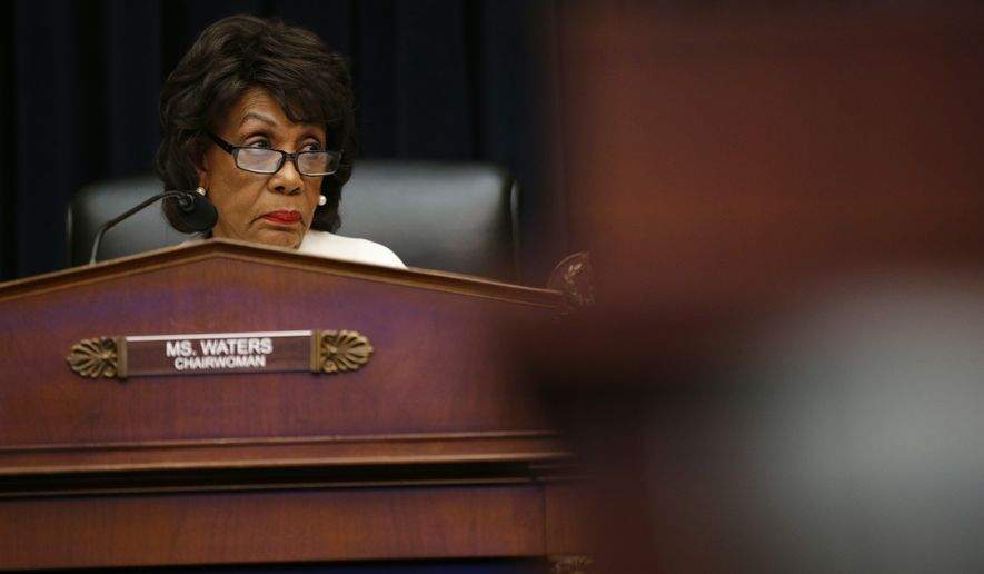 House Financial Services Committee chairwoman Maxine Waters, D-Calif., listens during a hearing with leaders of major banks, Wednesday, April 10, 2019, on Capitol Hill in Washington. (AP Photo/Patrick Semansky)