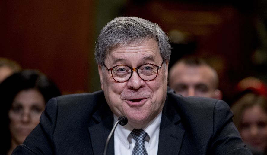 Attorney General William Barr reacts as he appears before a Senate Appropriations subcommittee to make his Justice Department budget request, Wednesday, April 10, 2019, in Washington. Barr said Wednesday that he was reviewing the origins of the Trump-Russia investigation. He said he believed the president&#39;s campaign had been spied on and he was concerned about possible abuses of government power.  (AP Photo/Andrew Harnik)