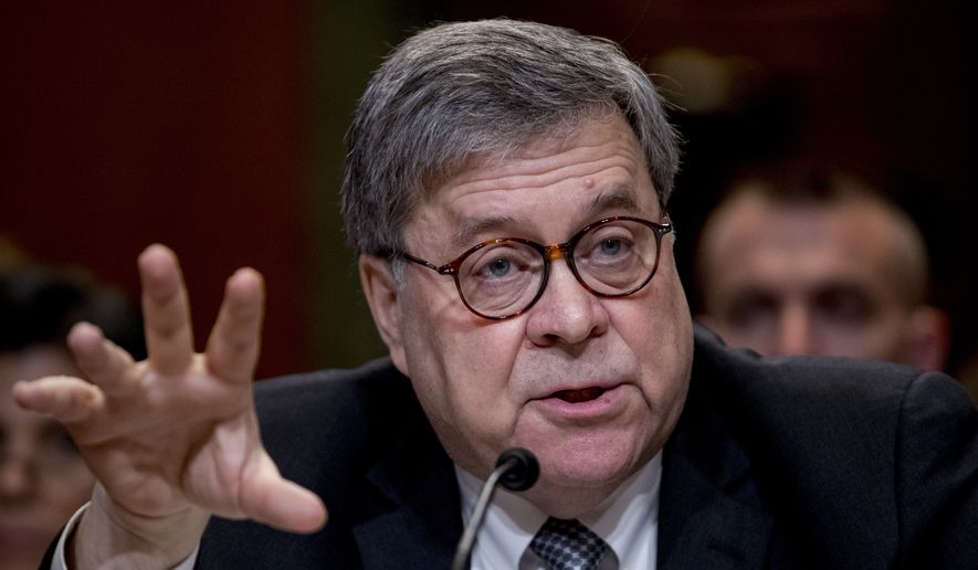 Attorney General William Barr reacts as he appears before a Senate Appropriations subcommittee to make his Justice Department budget request, Wednesday, April 10, 2019, in Washington. Barr said Wednesday that he was reviewing the origins of the Trump-Russia investigation. He said he believed the president&#39;s campaign had been spied on and he was concerned about possible abuses of government power.  (AP Photo/Andrew Harnik)