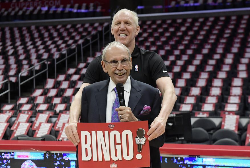 Los Angeles Clippers broadcaster Ralph Lawler, below, jokes around with former broadcast partner Bill Walton during a news conference prior to an NBA basketball game between the Clippers and and the Utah Jazz on Wednesday, April 10, 2019, in Los Angeles. This is scheduled to be Lawler's last regular-season game before retiring. (AP Photo/Mark J. Terrill)
