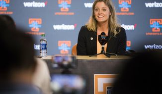 Kellie Harper speaks during a press conference announcing her as the new head coach of the Lady Vols, in the Ray and Lucy Hand Studio on University of Tennessee&#39;s campus Wednesday, April 10, 2019 in Knoxville, Tenn. (Caitie McMekin/Knoxville News Sentinel via AP)