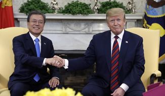 President Donald Trump meets with South Korean President Moon Jae-in in the Oval Office of the White House, Thursday, April 11, 2019, in Washington. (AP Photo/Evan Vucci)
