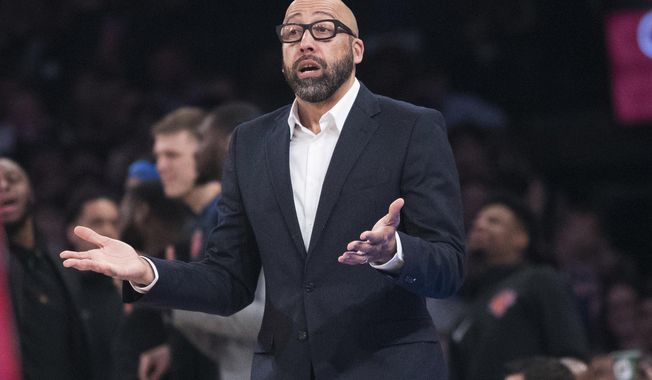 New York Knicks coach David Fizdale gestures during the first half of the team&#x27;s NBA basketball game against the Detroit Pistons, Wednesday, April 10, 2019, at Madison Square Garden in New York. (AP Photo/Mary Altaffer)