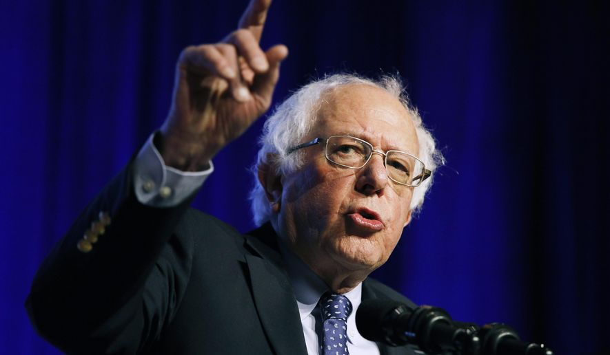 FILE - In this Monday, April 8, 2019 file photo, Democratic presidential candidate Sen. Bernie Sanders, I-Vt., speaks at a convention of the International Association of Machinists and Aerospace Workers, in Las Vegas. Sanders is heading back to the friendly turf of Wisconsin for a rally that kicks off a swing through states that are key to the Democratic "blue wall" strategy for 2020. Sanders' event Friday, April 12, in Madison will be followed by weekend stops in Indiana, Ohio, Michigan and Pennsylvania. (AP Photo/John Locher, File)
