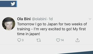 This frame grab image made from APTN footage provided by Teleamazonas, shows a tweet by Swedish software developer Ola Bini, who was arrested preparing to board a flight to Japan, in Quito, Ecuador, Thursday, April 11, 2019. (APTN via AP)