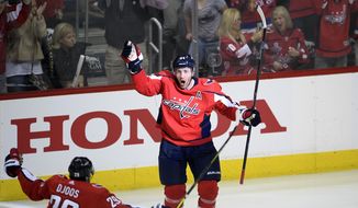 Washington Capitals defenseman Brooks Orpik (44) celebrates his game-winning goal with defenseman Christian Djoos (29), of Sweden, during overtime of Game 2 of an NHL hockey first-round playoff series against the Carolina Hurricanes, Saturday, April 13, 2019, in Washington. The Capitals won 4-3 in overtime. (AP Photo/Nick Wass)