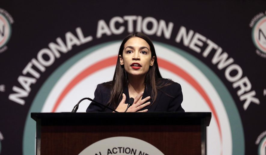 In this Friday, April 5, 2019, file photo, Rep. Alexandria Ocasio-Cortez, D-N.Y., speaks during the National Action Network Convention in New York. (AP Photo/Seth Wenig, File)