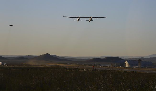 Stratolaunch, a giant six-engine aircraft with the world’s longest wingspan , makes its historic first flight from the Mojave Air and Space Port in Mojave, Calif., Saturday, April 13, 2019. Founded by the late billionaire Paul G. Allen, Stratolaunch is vying to be a contender in the market for air-launching small satellites.  (AP Photo/Matt Hartman)