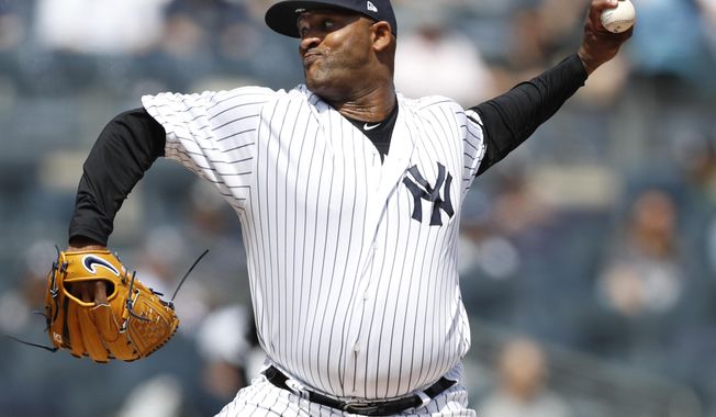 New York Yankees starting pitcher CC Sabathia throws during the first inning of a baseball game against the Chicago White Sox, Saturday, April 13, 2019, in New York. (AP Photo/Kathy Willens)