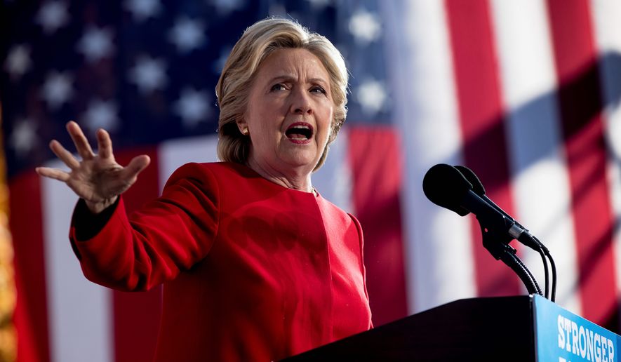 Democratic presidential candidate Hillary Clinton speaks at a rally at the Cathedral of Learning at the University of Pittsburgh in Pittsburgh, Pa., Monday, Nov. 7, 2016. (AP Photo/Andrew Harnik) ** FILE **