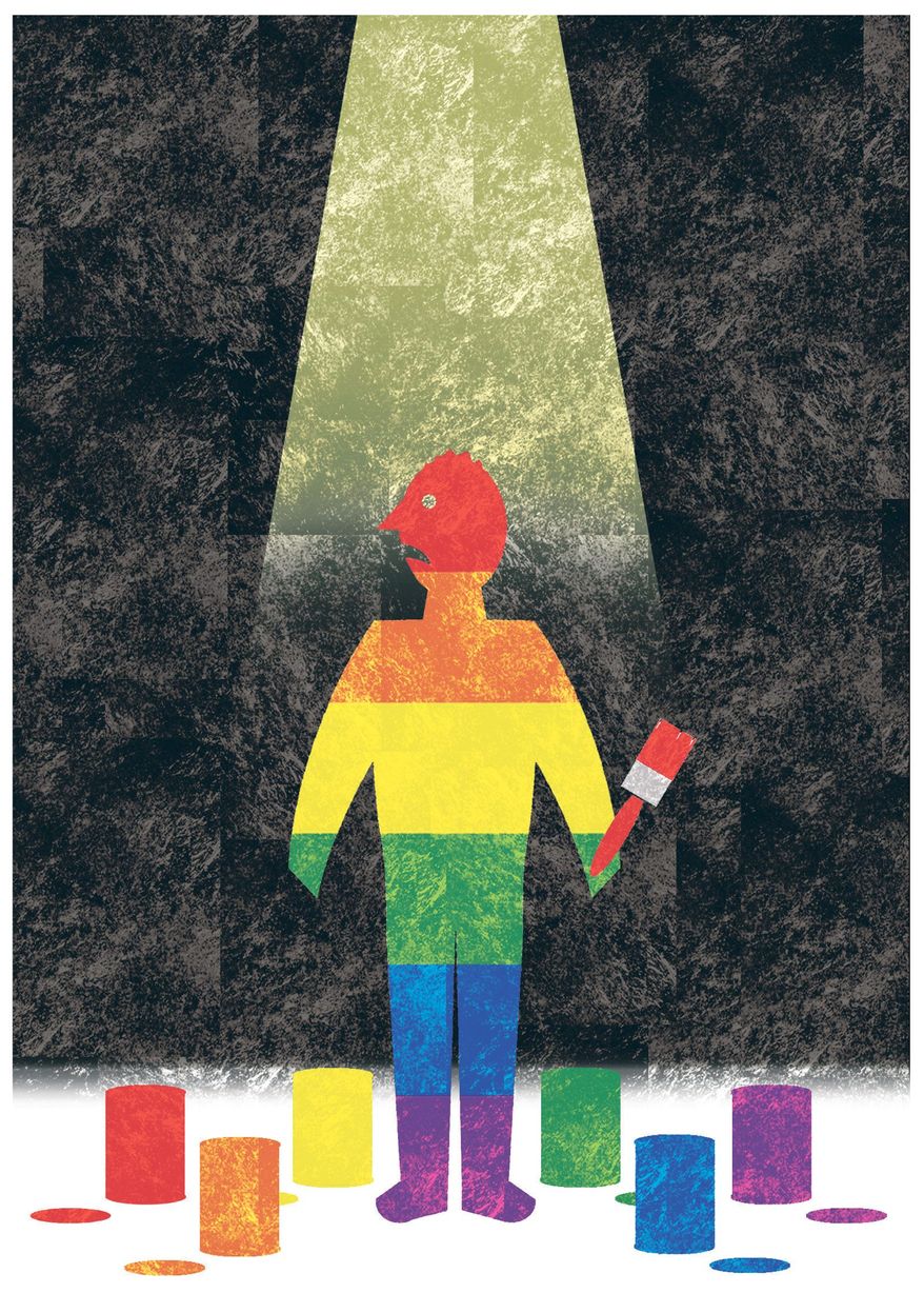 Illustration on the controversy over the nature of homosexuality by Alexander Hunter/The Washington Times