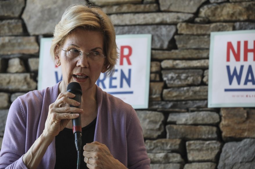 Sen. Elizabeth Warren D-Mass., speaks at Ann Garland's house party in Lebanon, N.H. Saturday, April 13, 2019: (AP Photo/ Cheryl Senter)