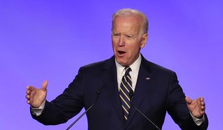 Former Vice President Joe Biden speaks at the International Brotherhood of Electrical Workers construction and maintenance conference in Washington, April 5, 2019. (AP Photo/Manuel Balce Ceneta) ** FILE **