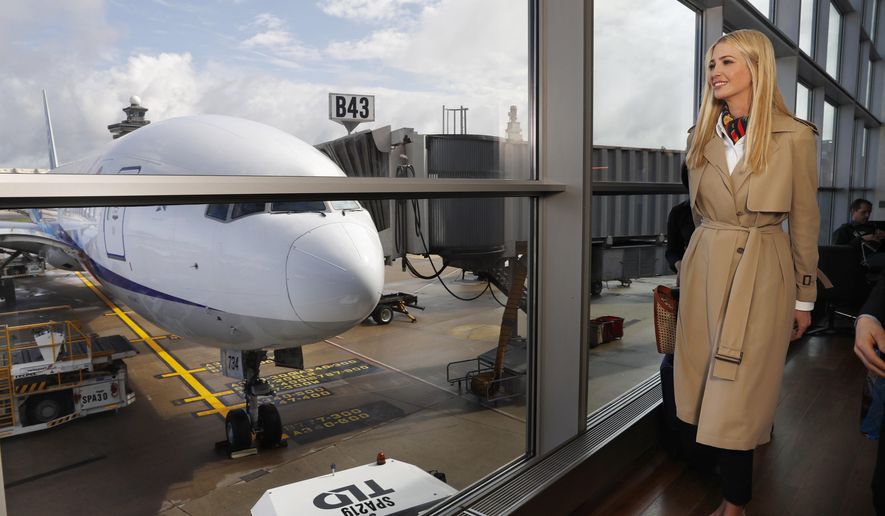 White House senior adviser Ivanka Trump walks past an airplane as she leaves an airport lounge before boarding a commercial flight from Dulles International Airport, in Sterling, Va., Saturday April 13, 2019, en route to Ethiopia. Trump will travel to Ethiopia and Ivory Coast to promote a global economical program for women. (AP Photo/Jacquelyn Martin)