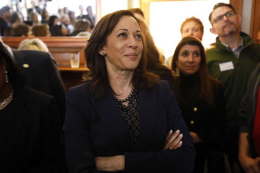 2020 Democratic presidential candidate Sen. Kamala Harris waits to speak at a house party, Thursday, April 11, 2019, in Des Moines, Iowa. (AP Photo/Charlie Neibergall) ** FILE **