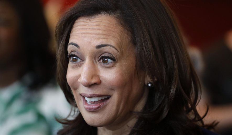 2020 Democratic presidential candidate Sen. Kamala Harris speaks to students at a local cafe, Thursday, April 11, 2019, in Des Moines, Iowa. (AP Photo/Charlie Neibergall)