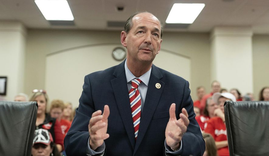 FILE - In this Thursday, Feb 28, 2019, file photo, candidate for governor and Kentucky state Rep. Rocky Adkins speaks about a bill that will change how individuals are nominated to the Kentucky teachers retirement systems board of trustees, in Frankfort, Ky. Beginning Monday, April 15, 2019, Adkins becomes the third Democratic candidate for governor to reach out to TV viewers with ads. (AP Photo/Bryan Woolston, File)