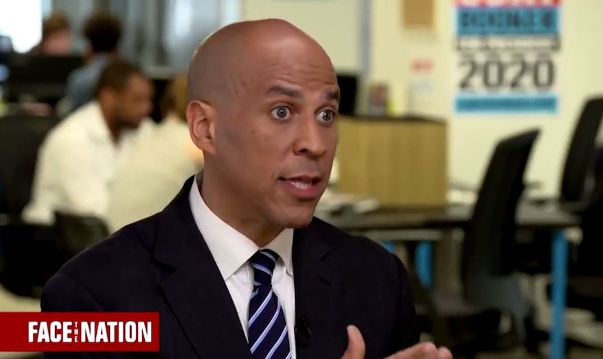 Sen. Cory Booker speaks with Margaret Brennan of CBS News&#x27; &quot;Face the Nation,&quot; April 13, 2019. The New Jersey Democrat says President Trump aims to make the U.S. &quot;less safe&quot; by sending migrants to sanctuary cities. (Image: Twitter, &quot;Face the Nation&quot; video screenshot)