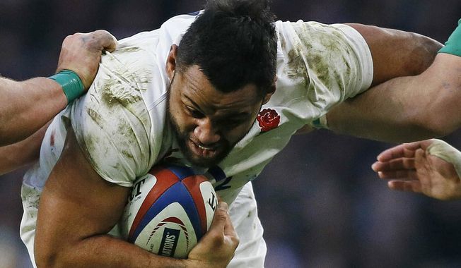 FILE - In this file photo dated Saturday, Feb. 27, 2016, England&#x27;s Billy Vunipola in during the Six Nations international rugby match against Ireland at Twickenham stadium in London.  Vunipola was formally warned about his future conduct by his club side Saracens on Monday April 15, 2019, after defending an anti-gay post published by Australia rugby star Israel Folau, &amp;quot;My intention was to express my belief in the word of God,&amp;quot; Vunipola said. (AP Photo/Kirsty Wigglesworth, FILE)