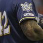 Milwaukee Brewers&#39; Eric Thames stands for the national anthem on Jackie Robinson Day during a baseball game against the St. Louis Cardinals, Monday, April 15, 2019, in Milwaukee. (AP Photo/Jeffrey Phelps)