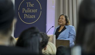 Dana Canedy, the new administrator of The Pulitzer Prizes, make announcement of winners Monday April 15, 2019, in New York. A team of Associated Press journalists has won a Pulitzer Prize in international reporting for their work documenting torture, graft and starvation in Yemen&#39;s brutal civil war. (AP Photo/Bebeto Matthews)