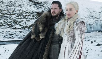 This photo released by HBO shows Kit Harington as Jon Snow, left, and Emilia Clarke as Daenerys Targaryen in a scene from &amp;quot;Game of Thrones,&amp;quot; which premiered its eighth season on Sunday.  (HBO via AP)