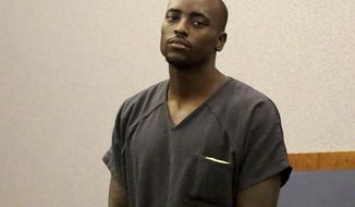 Former NFL player, Cierre Wood appears in court on Tuesday, April 16, 2019 in Las Vegas.  Wood, arrested on suspicion of child abuse, now faces murder charges after his girlfriend’s 5-year-old daughter died.    (Michael Quine/Las Vegas Review-Journal via AP)