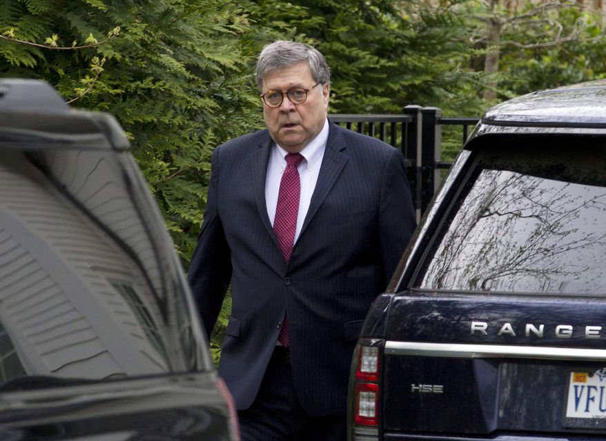 Attorney General William Barr leaves his home in McLean, Va., on Monday, April 15, 2019. Barr told Congress last week he expects to release his redacted version of special counsel Robert Mueller's Trump-Russia investigation report "within a week." (AP Photo/Jose Luis Magana)