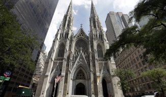 This Sept. 6, 2018, file photo shows St. Patrick&#39;s Cathedral in New York. A New Jersey man has been arrested outside the cathedral with two jugs of gasoline. Police say church personnel stopped the 37-year-old man from entering the landmark cathedral in Manhattan at about 9 p.m. Wednesday, April 17, 2019. Authorities were investigating whether the unidentified man is emotionally disturbed. (AP Photo/Richard Drew) ** FILE **