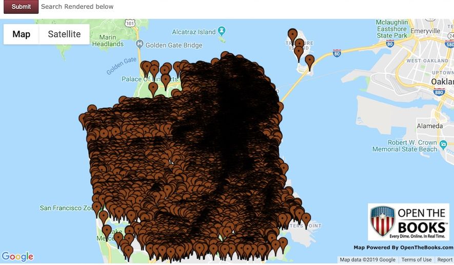 Auditors at OpenTheBooks.com plotted every reported instance of human feces found in San Francisco neighborhoods since 2011. (Image: OpenTheBooks.com screenshot)