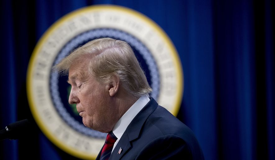President Donald Trump pauses while speaking at an Opportunity Zone conference with State, local, tribal, and community leaders South Court Auditorium of the Eisenhower Executive Office Building, on the White House complex, Wednesday, April 17, 2019, in Washington. (AP Photo/Andrew Harnik)