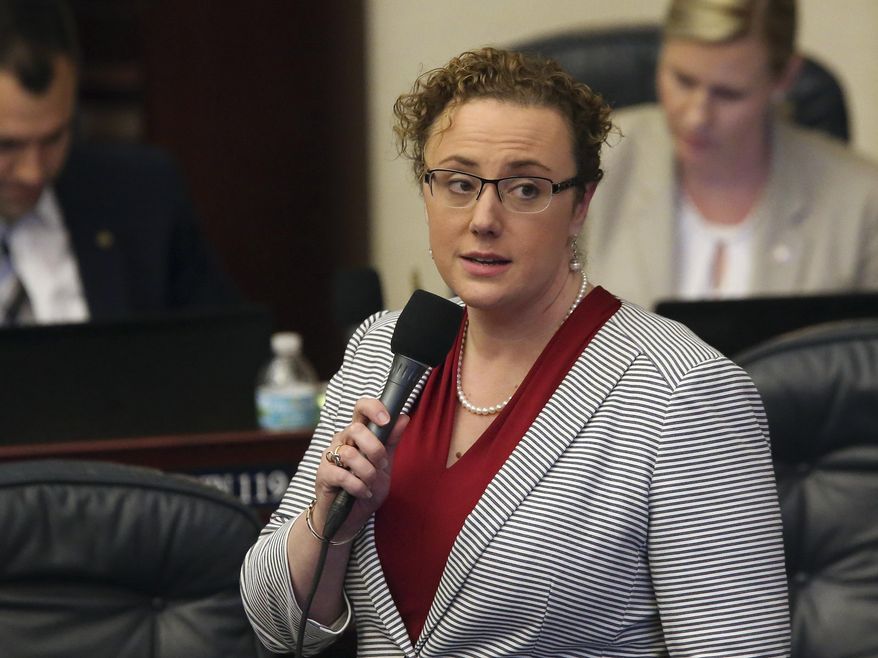 Rep. Erin Grall, R-Vero Beach, answers questions about a parental abortion consent bill during session, Wednesday, April 17, 2019, in Tallahassee, Fla. (AP Photo/Steve Cannon)