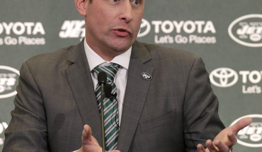 FILE - In this Jan. 14, 2019, file photo, New York Jets NFL football head coach Adam Gase gestures while speaking during a news conference in Florham Park, N.J. C.J. Mosley says Gase&#39;s message in the team&#39;s first meeting last week was that the goal is to beat New England in the AFC East. (AP Photo/Seth Wenig, File)