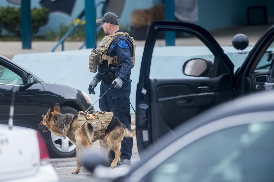 Police secure Flex High School, an alternative charter high school in Flint, Mich., on Wednesday, April 17, 2019 after a gunshot was fired outside of the building. The school is on lockdown, and there are no injuries reported. Flint police officials confirmed at least two people are in custody, while one person is outstanding. (Jake May/The Flint Journal via AP)