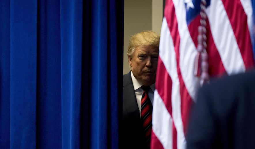President Donald Trump arrives for a Opportunity Zone conference with state, local, tribal, and community leaders South Court Auditorium of the Eisenhower Executive Office Building, on the White House complex, Wednesday, April 17, 2019, in Washington. (AP Photo/Andrew Harnik)