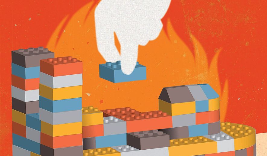Illustration on rebuilding Notre Dame by Linas Garsys/The Washington Times