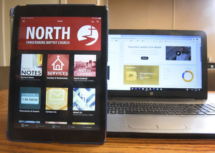 This undated photo shows the church application screen for North Parkersburg Baptist Church in Parkersburg, W.Va. Several churches within the Parkersburg/Vienna area have apps. Among those are The Rock, Warehouse Church and North Parkersburg Baptist. The church app is part of the technology to adapt to members daily digital diet. (Jeff Baughan/News and Sentinel via AP)