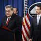 Attorney General William Barr speaks alongside Deputy Attorney General Rod Rosenstein, right, and Deputy Attorney General Ed O&#39;Callaghan, rear left, about the release of a redacted version of special counsel Robert Mueller&#39;s report during a news conference, Thursday, April 18, 2019, at the Department of Justice in Washington. (AP Photo/Patrick Semansky)