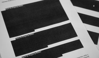 Special counsel Robert Mueller&#39;s report, with redactions, as released on Thursday, April 18, 2019, is photographed in Washington. (AP Photo/Jon Elswick)