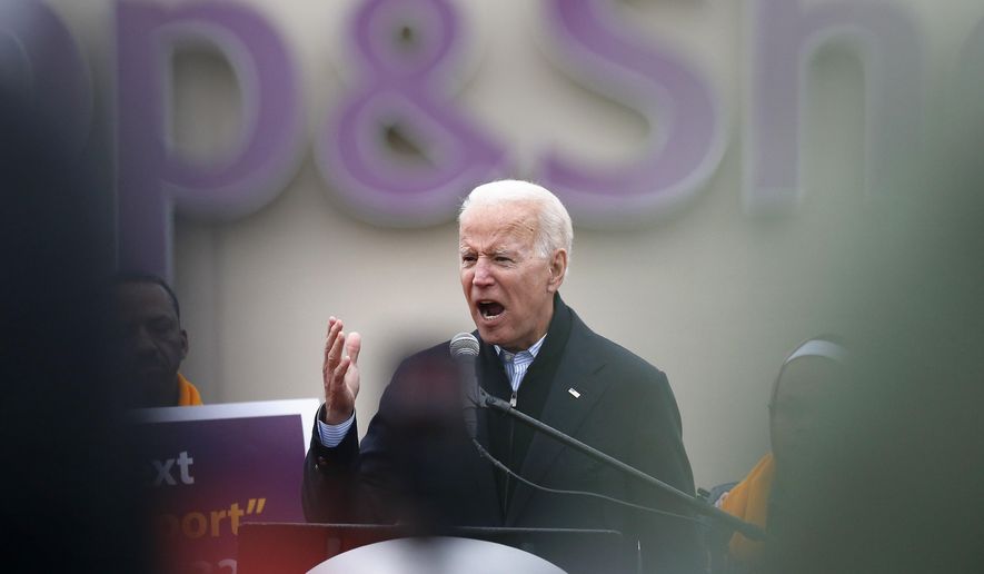 Former Vice President Joe Biden speaks at a rally in support of striking Stop &amp;amp; Shop workers in Boston, Thursday, April 18, 2019. (AP Photo/Michael Dwyer)