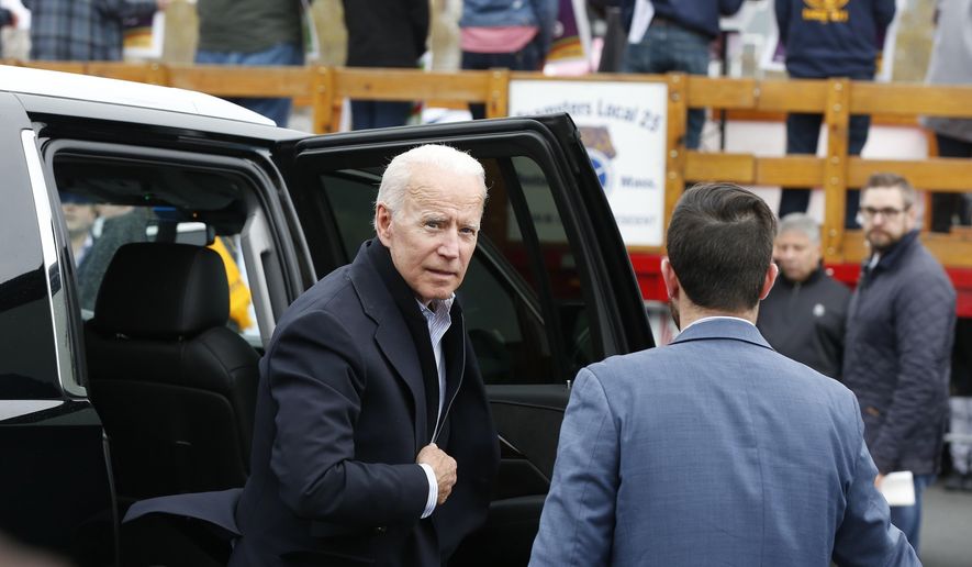 Former Vice President Joe Biden arrives to speak at a rally in support of striking Stop &amp;amp; Shop workers in Boston, Thursday, April 18, 2019. (AP Photo/Michael Dwyer)