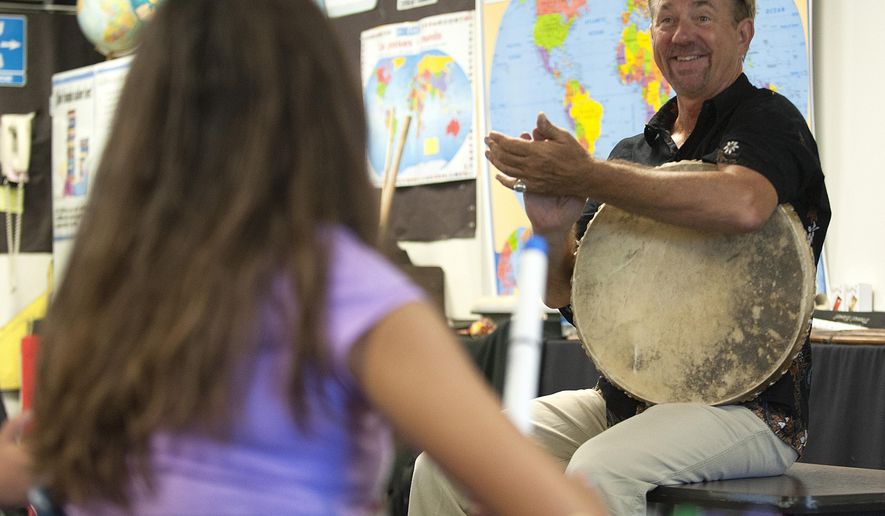 In this 2016 photo, arts teacher John Zeretzke, right, applauds his students after they performed a piece with flutes they built in his class in Lake Forest, Calif. Zeretzke, the founder of a nonprofit group investigated over allegations it gave flutes possibly tainted with semen to schoolchildren has been charged with committing lewd acts against girls. The California attorney general’s office announced Thursday, April 18, 2019, that Zeretzke was indicted last month on charges involving five young girls in Orange and Los Angeles counties. The Orange County Register says he’s pleaded not guilty. (Nick Koon/The Orange County Register via AP)