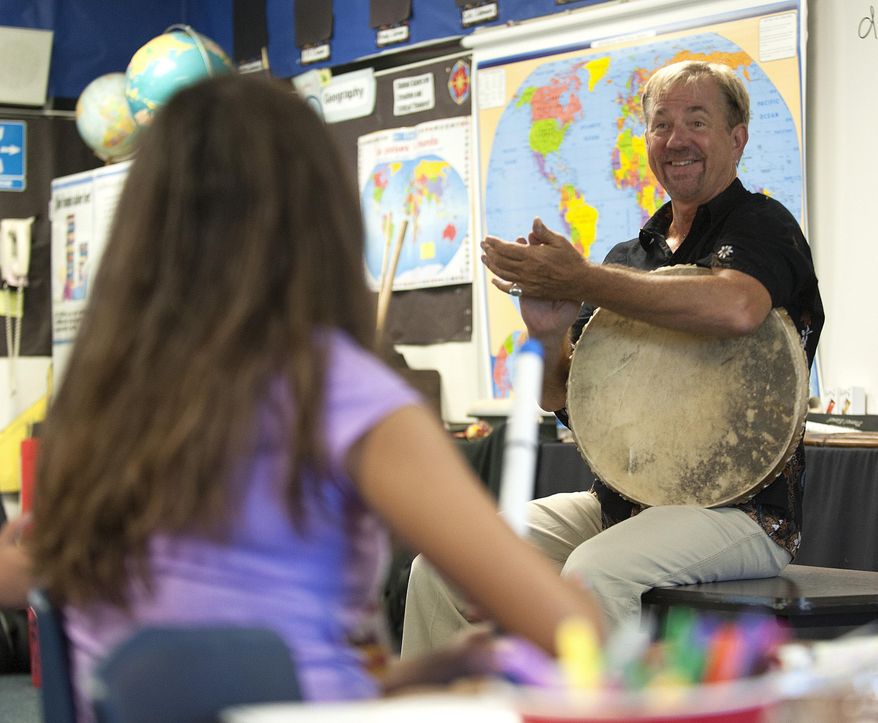 In this 2016 photo, arts teacher John Zeretzke, right, applauds his students after they performed a piece with flutes they built in his class in Lake Forest, Calif. Zeretzke, the founder of a nonprofit group investigated over allegations it gave flutes possibly tainted with semen to schoolchildren has been charged with committing lewd acts against girls. The California attorney general’s office announced Thursday, April 18, 2019, that Zeretzke was indicted last month on charges involving five young girls in Orange and Los Angeles counties. The Orange County Register says he’s pleaded not guilty. (Nick Koon/The Orange County Register via AP)