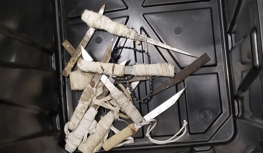 This undated image released by the Alabama Department of Corrections on Thursday, April 18, 2019, shows illegal contraband from the William C. Holman Correctional Facility in Atmore, Ala. Prison officials say some 300 officers from multiple agencies searched the prison in an effort to reduce a trend of increasing violence in state lockups. (Alabama Department of Corrections via AP)
