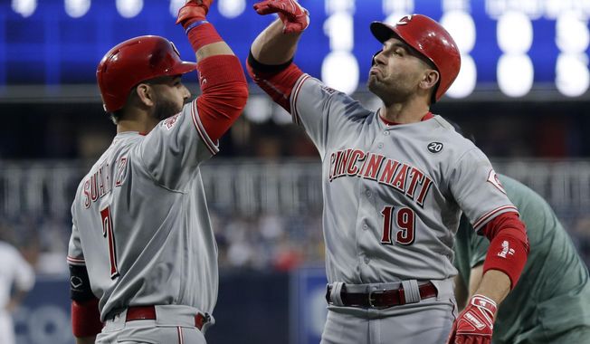 Cincinnati Reds&#x27; Joey Votto, right, celebrates with teammate Eugenio Suarez after hitting a home run during the first inning of the team&#x27;s baseball game against the San Diego Padres on Thursday, April 18, 2019, in San Diego. (AP Photo/Gregory Bull)