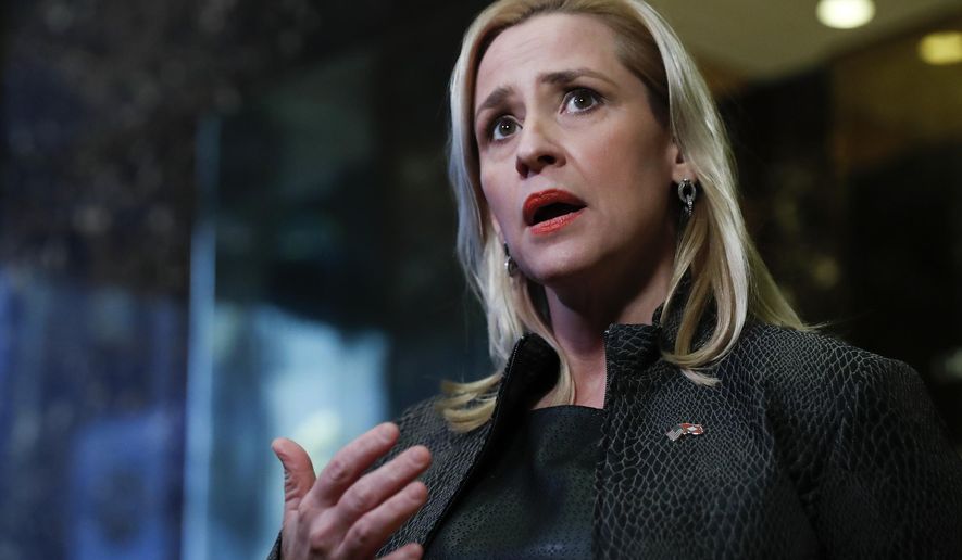 FILE--In this Thursday, Nov. 17, 2016, file photo, Arkansas Attorney General Leslie Rutledge speaks to reporters at Trump Tower, in New York. A federal lawsuit filed by death row inmates in Arkansas has renewed a court fight over whether the sedative Arkansas uses for lethal injections causes torturous executions, two years after the state raced to put eight convicted killers to death in 11 days before its batch expired. Rutledge says the inmates in the case have a very high burden to meet and cites a U.S. Supreme Court ruling last month against a Missouri death row inmate. Arkansas recently expanded the secrecy surrounding its lethal injection drug sources, and the case heading to trial Tuesday, April 23, 2019 could impact its efforts to restart executions that had been on hold due to supply. (AP Photo/Carolyn Kaster, File)