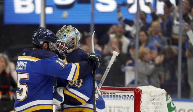 St. Louis Blues&#x27; Robby Fabbri, left, and goaltender Jordan Binnington celebrate after defeating the Winnipeg Jets in Game 6 of an NHL first-round hockey playoff series, Saturday, April 20, 2019, in St. Louis. (AP Photo/Jeff Roberson)